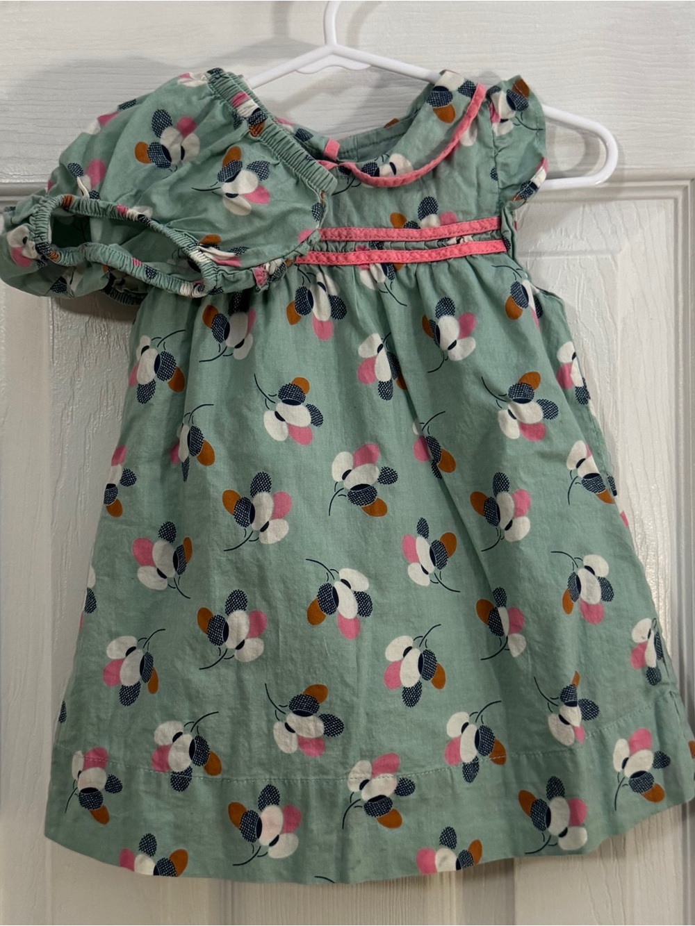 Mini Boden Baby Girl Mint Floral Dress with Pink Trim & Bloomers Ruffle Sleeve